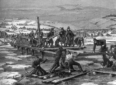 Pontoniers van het Napoleontische leger die de Berezina oversteken door Felix Philippoteaux