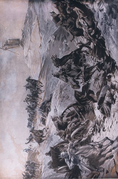 Van het oostfront: Artillerie in transit onder vijandelijk vuur, illustratie uit Hindenburg gepubliceerd door Daterlandischer Derlag C U Weller Berlijn door Felix Schwormstadt