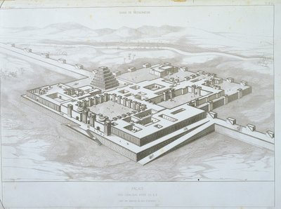 Khorsabad-paleis, historische weergave vanuit het zuidoosten met een deel van de versterkte muren, illustratie uit 