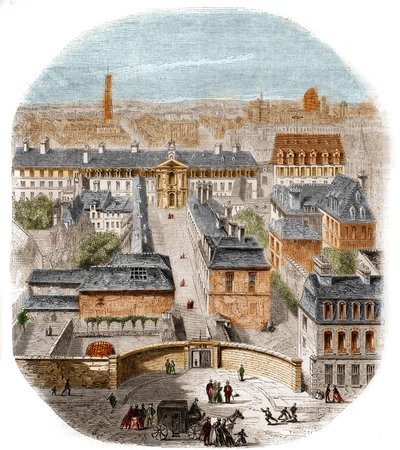 Uitzicht op de Gobelins tapijtfabriek in Parijs, met het Kapucijnenklooster, het Observatorium en het kasteel van de Koningin Blanche. Gravure door Thorigny door Felix Thorigny