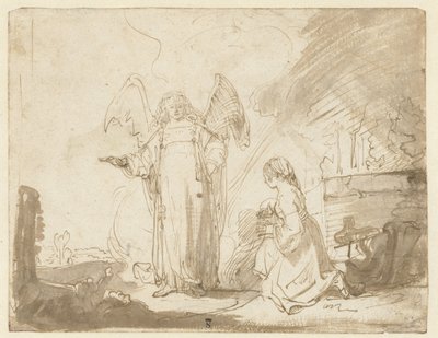 Hagar en de engel bij de bron op weg naar Sur door Ferdinand Bol