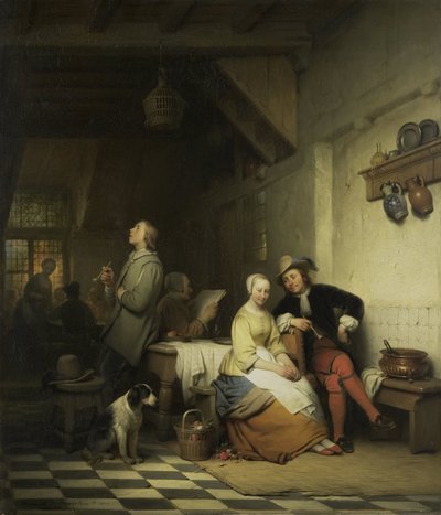 Interieur van een herberg, met figuren in zeventiende-eeuwse kleding door Ferdinand De Braekeleer (I)