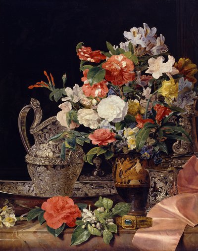 Boeket bloemen met zilveren vaten en een antieke vaas door Ferdinand Georg Waldmüller