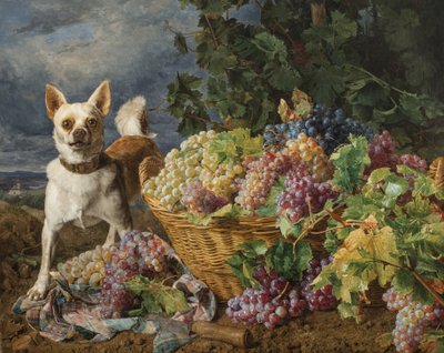 Hond bewaakt een mand druiven met uitzicht op Heiligenstadt en de Donau in de verte door Ferdinand Georg Waldmuller