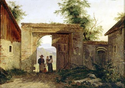 Een boerenerf met boeren bij een poort door Ferdinand Georg Waldmuller