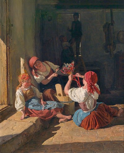 Kinderen versieren de hoed van een dienstplichtige door Ferdinand Georg Waldmuller