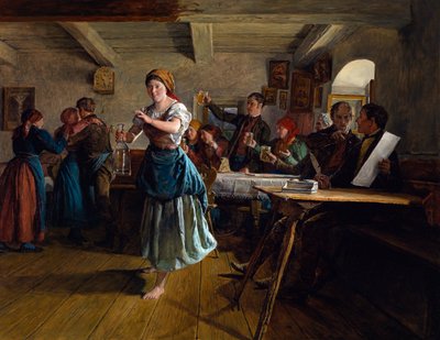 De openingsdans. Scène in een café, de serveerster, vrolijk en blootsvoets, maakt een danspas met een lege karaf in haar hand. Rondom haar proosten klanten met hun bierpul, op de gezondheid van een koppel door Ferdinand Georg Waldmuller
