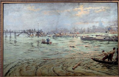 Uitzicht op de brug en de kade van de Estacade in Parijs tijdens de grote overstroming van 1910 door Ferdinand Joseph Gueldry
