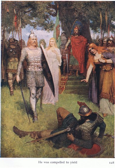 Hij werd gedwongen toe te geven, illustratie uit The Stories of Wagners Operas, uitgegeven door George Harrap & Co Ltd 1932 door Ferdinand Lecke