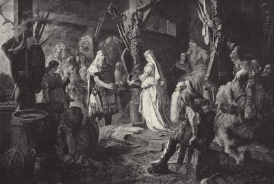 Frithjof in de hal van Koning Ring (gravure) door Ferdinand Leeke