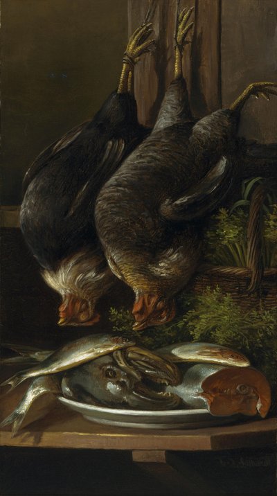 Stilleven met kippen en vissen door Ferdinand Richardt