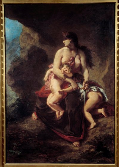 Furieuze Medea Medea vermoordt haar twee kinderen in een grot. Schilderij door Eugène Delacroix (1798-1863) door Ferdinand Victor Eugene Delacroix