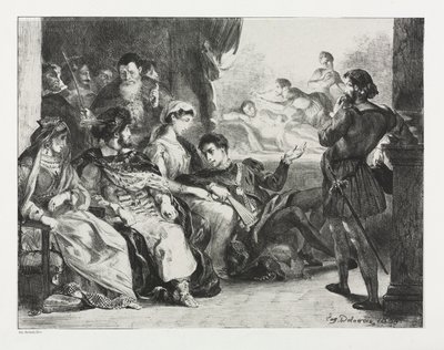 Hamlet: Hamlet beveelt de acteurs een scène uit de vergiftiging van zijn vader te spelen, 1834 door Ferdinand Victor Eugene Delacroix