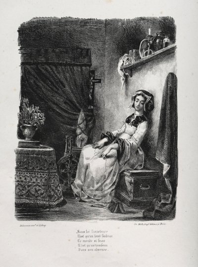 Illustraties voor Faust: Marguerite met het wiel, 1828 door Ferdinand Victor Eugene Delacroix