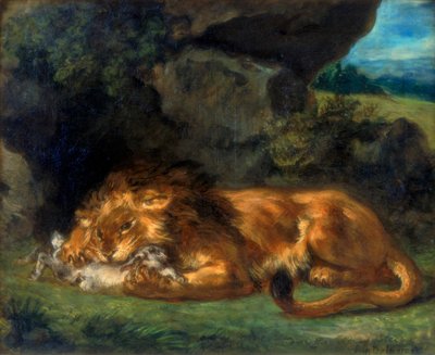 Leeuw die een konijn verslindt door Ferdinand Victor Eugene Delacroix