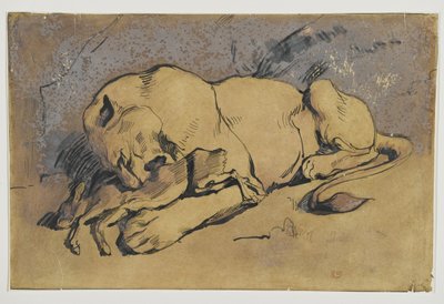 Leeuwin die een konijn verslindt door Ferdinand Victor Eugene Delacroix