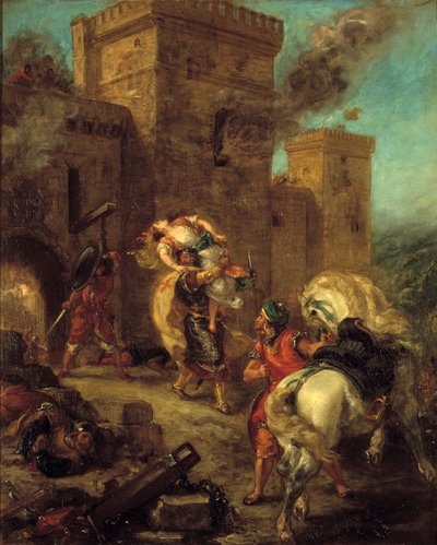 Rebecca ontvoerd door de Tempelier tijdens de plundering van het kasteel van Frondeboeuf. Uit het boek 