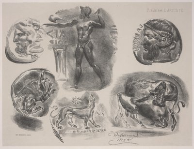 Blad met zes oude medailles door Ferdinand Victor Eugene Delacroix
