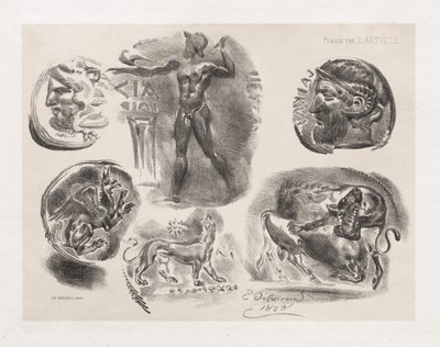 Blad met zes antieke munten, 1825 door Ferdinand Victor Eugene Delacroix