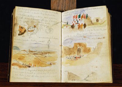Schetsen van Arabieren, landschappen van Marokko, Arabische menigten, Poort van Meknes en handgeschreven notities ... door Ferdinand Victor Eugene Delacroix