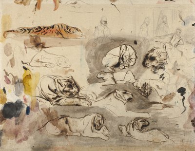 Schetsen van tijgers en mannen in 16e-eeuwse kostuums door Ferdinand Victor Eugene Delacroix