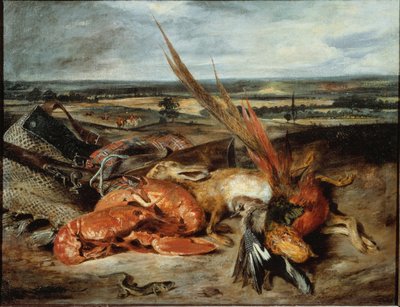 Stilleven met kreeft en trofeeën van jacht en visserij door Ferdinand Victor Eugene Delacroix
