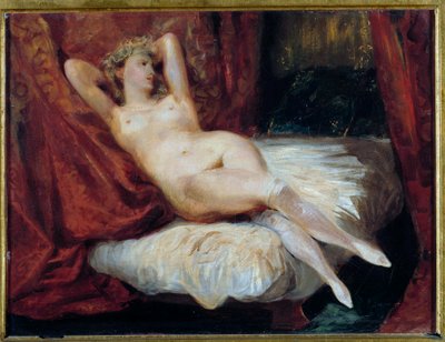 Studie van naakte vrouw liggend op een bank, genaamd de vrouw met witte kousen door Ferdinand Victor Eugene Delacroix