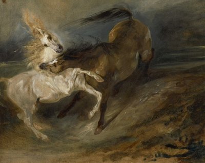 Twee vechtende paarden in een stormachtig landschap door Ferdinand Victor Eugene Delacroix