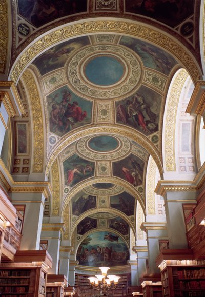Uitzicht op het cassetteplafond van de Bibliotheek met verguld stucwerk omlijsting van spandrils die bijbelse en klassieke scènes illustreren, 1844 door Ferdinand Victor Eugene Delacroix