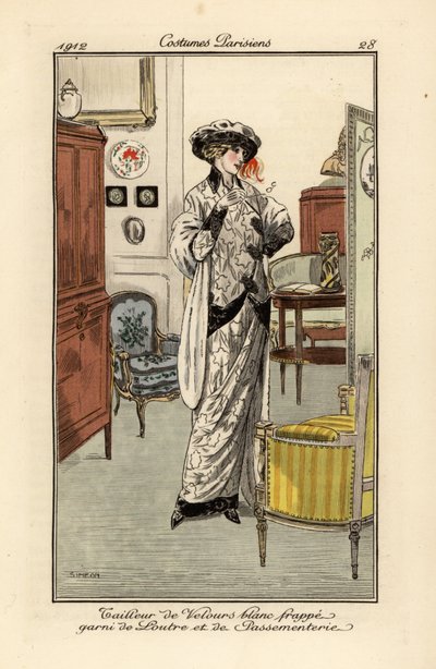 Vrouw in pak van wit fluweel versierd met otterbont en afwerking door Fernand Siméon