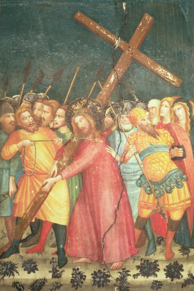 Christus draagt zijn kruis op weg naar Calvarie (fresco) door Ferrer Bassa