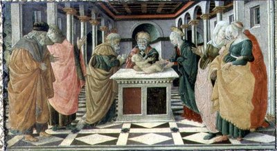 De Presentatie in de Tempel, predellapaneel van Het Geboortealtaarstuk in het Museo Civico door Filippino (and workshop) Lippi