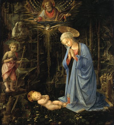 De maagd die het kind aanbidt / De aanbidding in het bos, De heilige familie met de jonge Johannes door Filippo Lippi