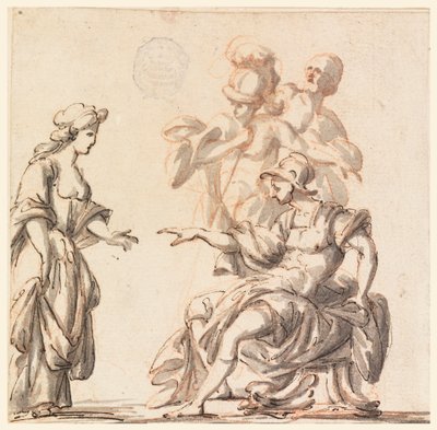 Tekening, Een klassieke krijger ontvangt een vrouw, midden 18e eeuw door Filippo Marchionni
