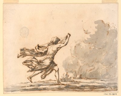 Tekening, Een jonge man rent naar een vuur, midden 18e eeuw door Filippo Marchionni