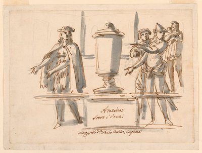 Tekening, Allegorie op Amerika, Decoratie voor de Salon van kardinaal Falconieri in Frascati, 18e-19e eeuw door Filippo Marchionni