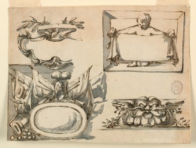 Tekening, Een wapenschild, een trofee, een etiket, een decoratief motief voor een fries, 1750-75 door Filippo Marchionni