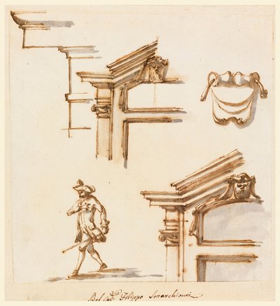 Tekening, architecturale details en figuurstudie, 1760-75 door Filippo Marchionni