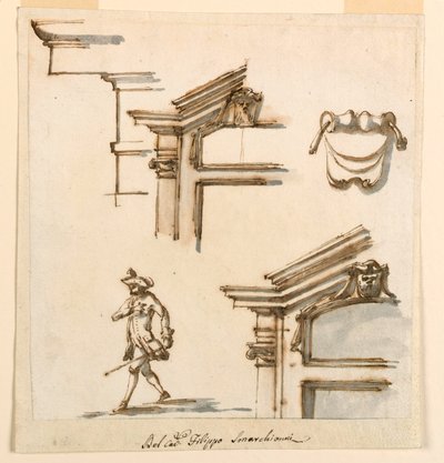 Tekening, architecturale details en figuurstudie, 1760-75 door Filippo Marchionni