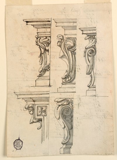 Tekening, Vijf hoekmotieven, ca. 1750 door Filippo Marchionni