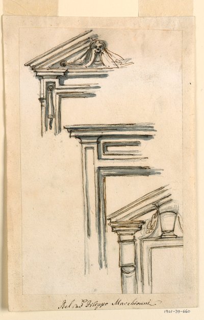 Tekening, Drie raam- of deurkozijnen, ca. 1770 door Filippo Marchionni
