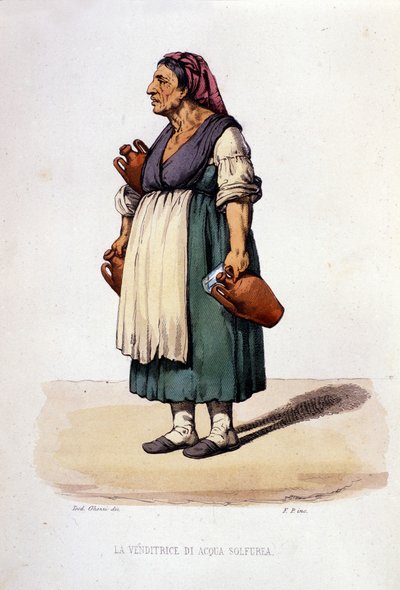 Kleine bedrijven van de stad Napels: wandelende verkoopster van zwavelwater. Gravure uit een werk van Francesco de Bourcard 