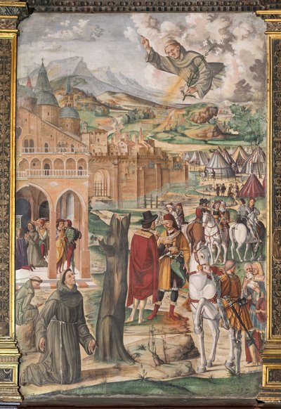 De heilige verschijnt aan de gezegende Luca Belludi en voorspelt de bevrijding van Padua, School van de Heilige door Filippo da Verona