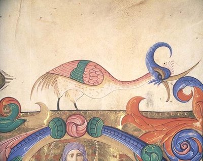 Fantasievogel, detail van de decoratie rond een historiated initiaal uit een Koorboek uitgevoerd voor 1449 (detail) door Filippo di Matteo Torelli