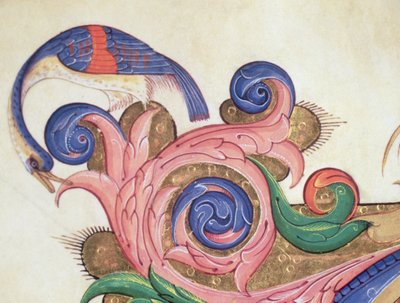 Missaal 515 f.169r Fantastische vogel die rond bladeren kijkt, detail van decoratie rondom een versierde initiaal uit een Koorboek uitgevoerd voor 1449 door Filippo di Matteo Torelli