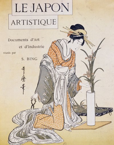 Vrouw die bloemen in een vaas rangschikt, omslag door Firmin Gillot, Le Japon Artistique, kunst- en industrie documenten verzameld door Siegfried Bing, maandelijkse publicatie juli 1889, Frankrijk door Firmin Gillot