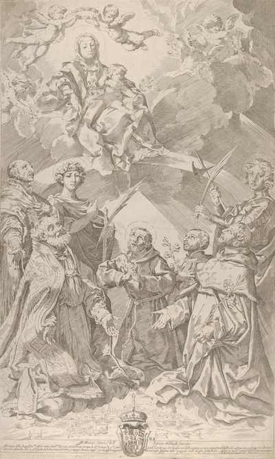 Patroonheiligen van Bologna kijken omhoog naar de Maagd die in de wolken zit, 1640-50 door Flaminio Torre