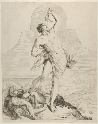 Simson die de kaak van een ezel boven zijn hoofd houdt en naast de Filistijnen staat, ca. 1640-60 door Flaminio Torre