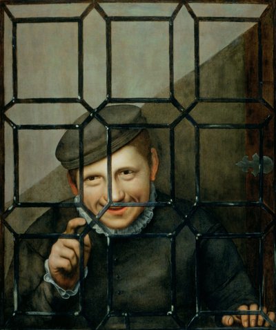 Een jongen die door een venster kijkt door Flemish School