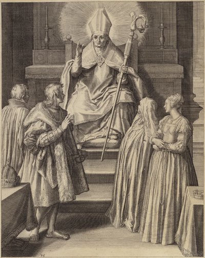 Een figuur in bisschoppelijke gewaden zit op een troon met een halo die uit zijn hoofd straalt door Flemish School